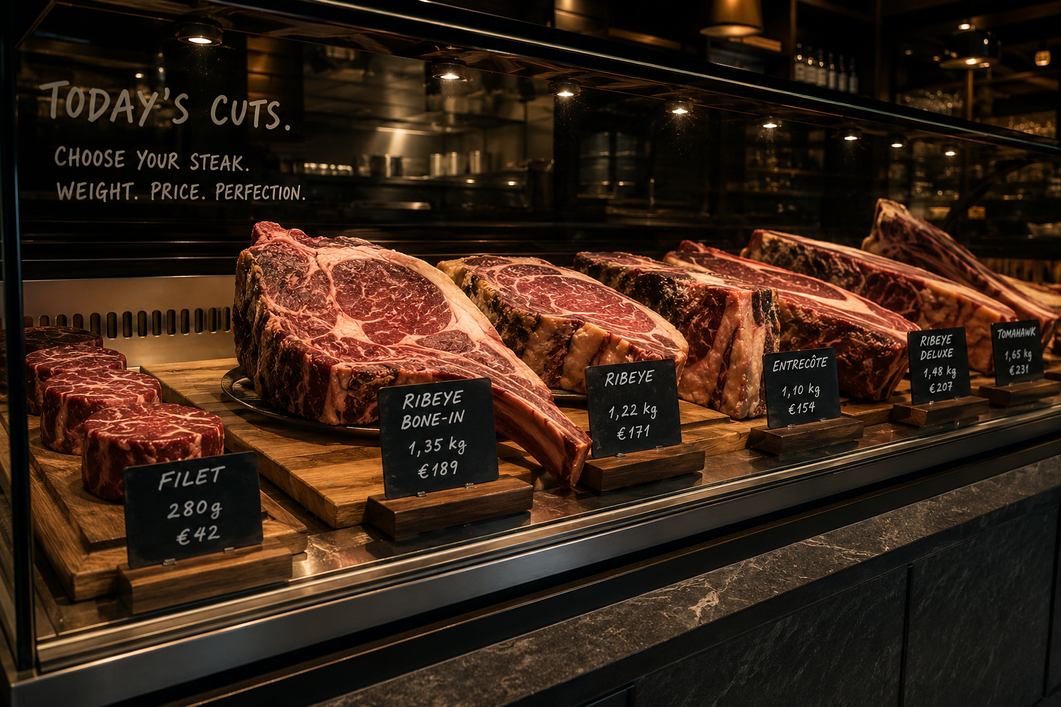 Dry-Aged Steak-Theke mit großen Bone-in-Cuts hinter Glas