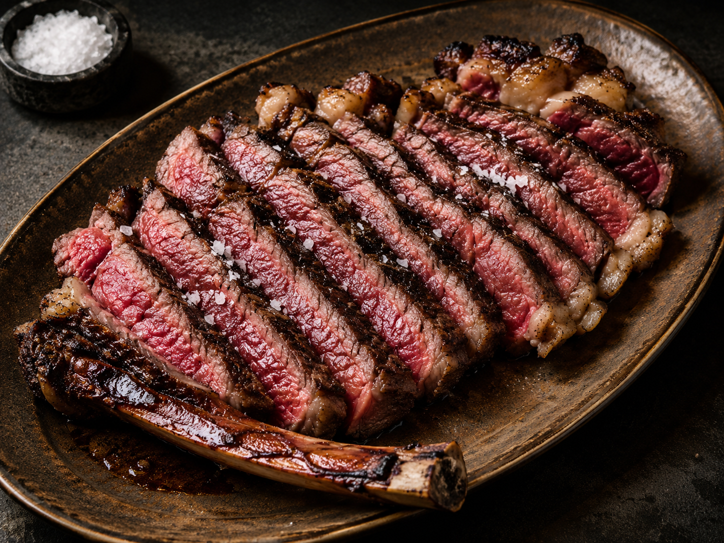 Aufgeschnittenes Steak auf einer großen Edelstahlplatte am Feuer