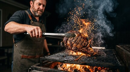 Koch wendet ein großes Steak mit der Zange über offenen Flammen